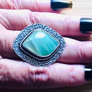 Teal Green Botswana Agate Blended Gemstone Ring Cats Eye Size 9.3/4